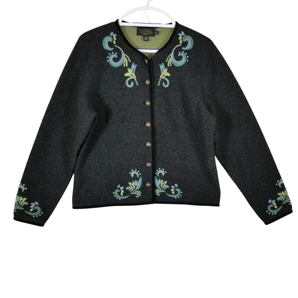 Icelandic Design Boiled Wool‎ Embroidered Jacket Gray Floral Button Cardigan M